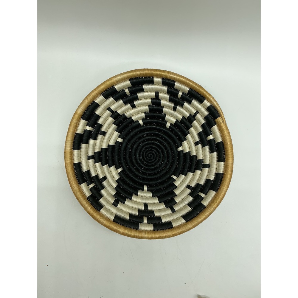 Woven Sisal Wall Basket Bowl Black Cream Geometric Boho Tribal Decor 8 Inch